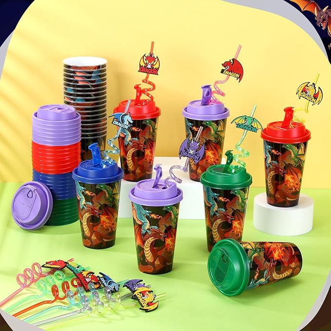 Yungyan 24 Sets Dragon Party Favors Goodie Cups with Lids and Straws for Birthday Decorations Reusable 16oz Plastic Candy Cups Plastic Straws for Birthday Party (Dragon)