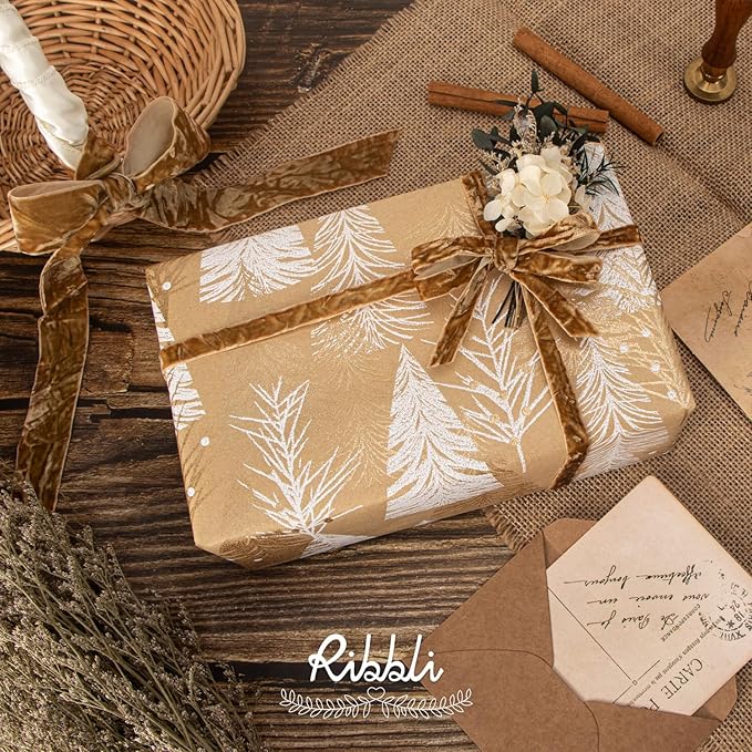 Ribbli Khaki Velvet Ribbon 1 Inches Luxury Crinkled Brown Christmas Ribbon for Gift Wrapping Crafts Home Decor-Continuous 10 Yard