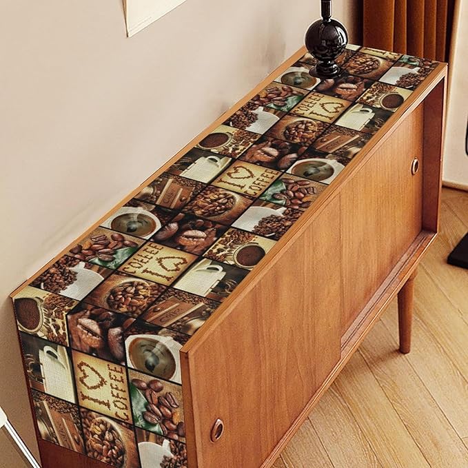 Coffee Theme Table Runner, Retro Farmhouse Coffee Cup Latte Cappuccino Tea Party Cafe Table Center Decor for Home Kitchen Dining Patio Holiday Party Indoor Outdoor Table Decorations,13"x108" Inch