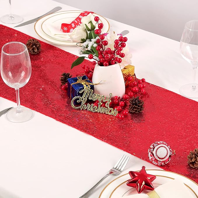 Red Table Runners 10 Packs 12x108 Inch Glitter Sequin Table Runners for Birthday Party Bridal Shower Banquet Wedding Table Decorations