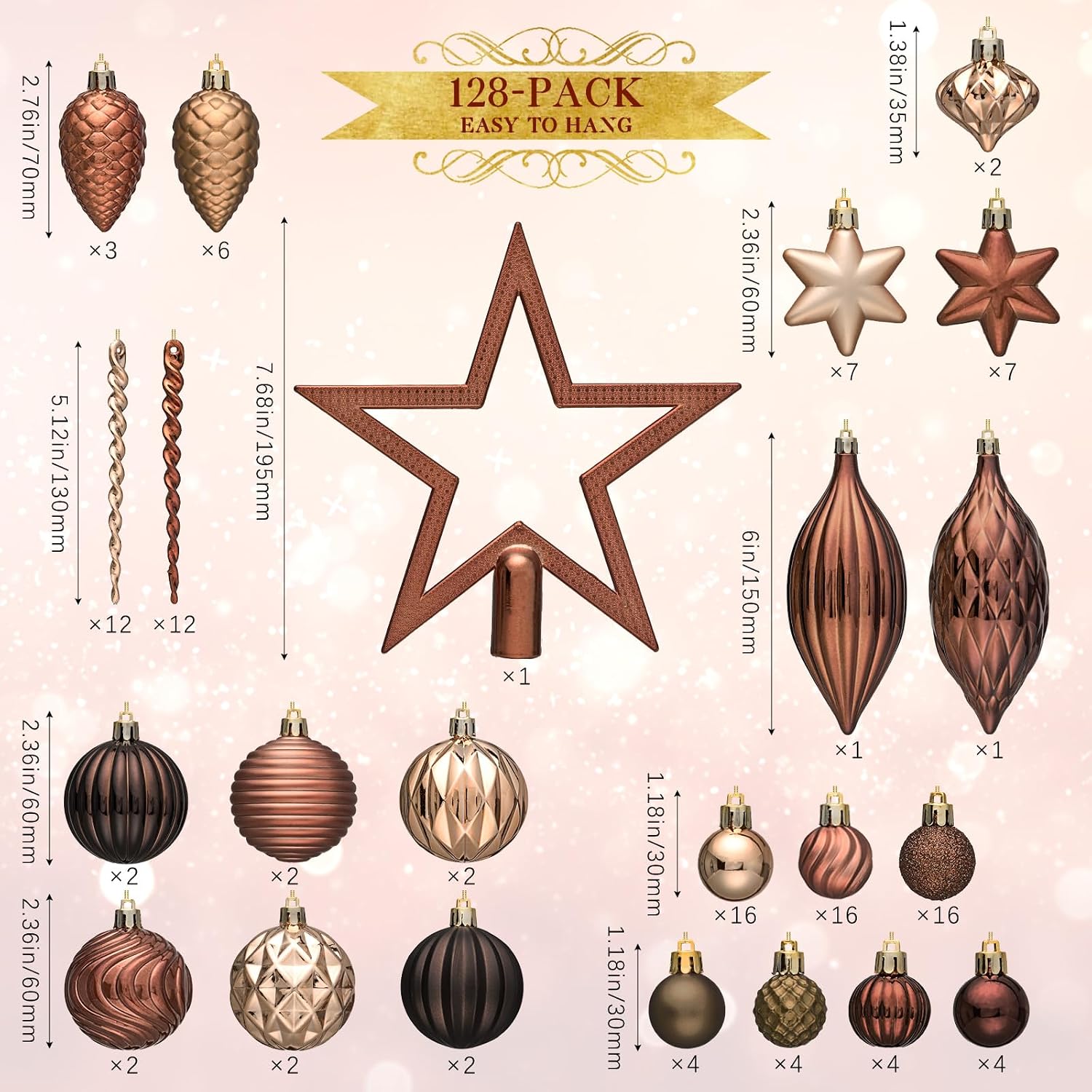 JORNOY 128-Pack Christmas Tree Ornaments Set, Classic Shatterproof Christmas Ball Ornaments Decorations - Plastic Hanging Baubles Bulk Decorative for Xmas Tree Decor Holiday Party, Brown