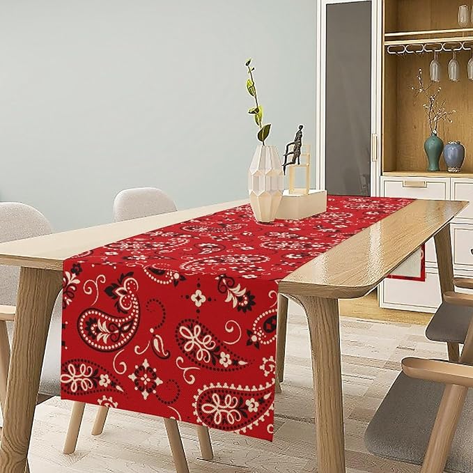 Paisley Table Runner, Boho Vintage Western Red Paisley Flower Print Table Runner for Kitchen Dining Table Wedding Holiday Party Decor, 13x70inch