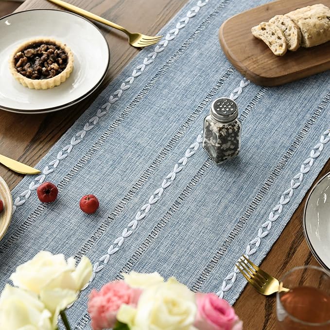 Artoid Mode Dusty Blue Cotton Linen Table Runner, Seasonal Rustic Embroidered Hollow Kitchen Dining Table Decoration for Home Party Decor 13x72 Inch