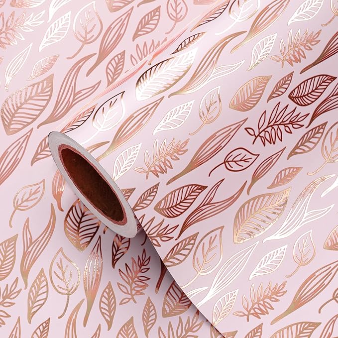 WRAPAHOLIC Pink Wrapping Paper Roll - 17 Inch x 33 Feet - Metallic Rose Gold Leaves Wedding Wrapping Paper for Birthday, Baby Shower, Wedding, Bridal Shower