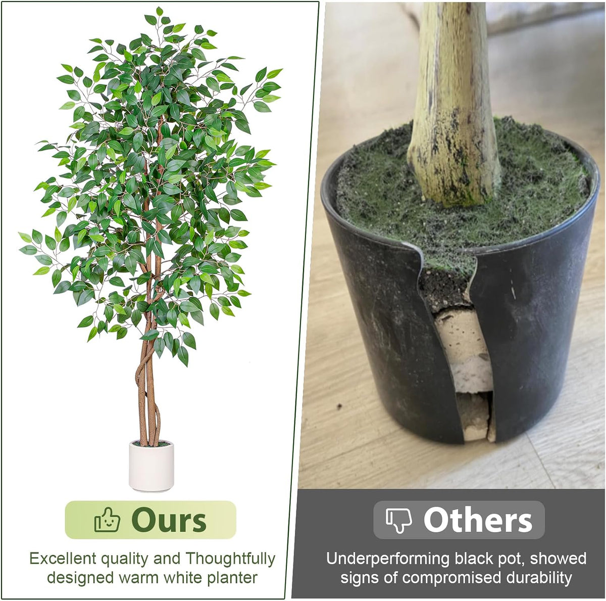 VIVATREES 6FT Artificial Ficus Tree with White Planter, Realistic Faux Silk I...