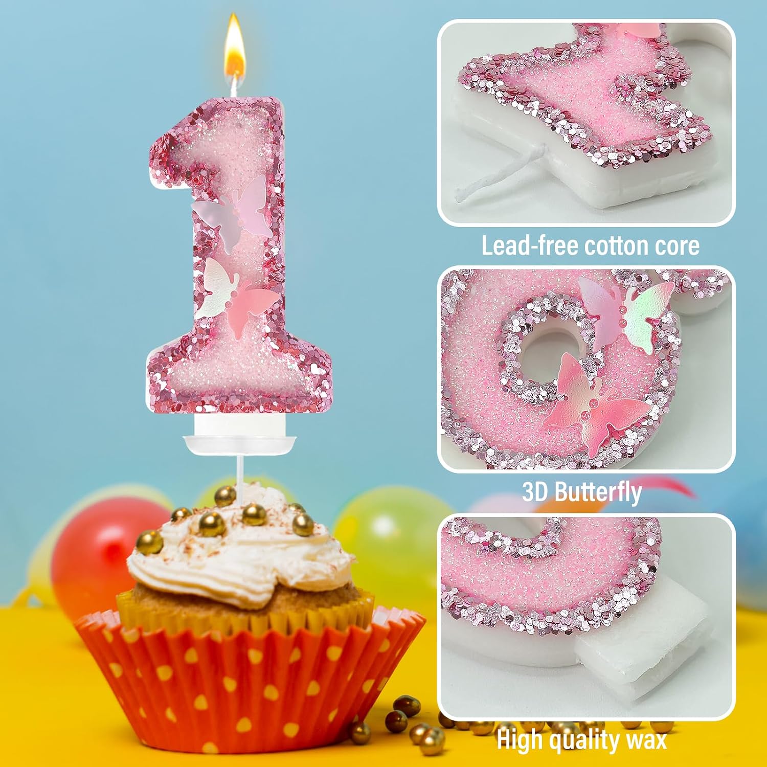 1st Birthday Candles, Glitter Butterfly Cake Toppers Pink Sequins Wedding Numeral Cupcake Decorations, Suitable for Girl and Boy Wedding Cakes, Party Celebrations, Birthday Decorations