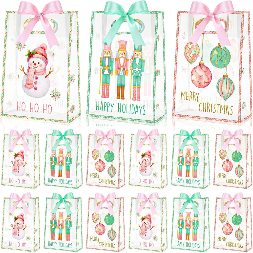 Aliceset 12 Pcs Pink Christmas Clear Gift Bags with Die Cut Handles Nutcracker Christmas Gift Bags with Ribbon 3 Assorted Pastel Styles for Holiday New Year Party Presents Giving Wrapping, 10x7x3.15''