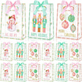 Aliceset 12 Pcs Pink Christmas Clear Gift Bags with Die Cut Handles Nutcracker Christmas Gift Bags with Ribbon 3 Assorted Pastel Styles for Holiday New Year Party Presents Giving Wrapping, 10x7x3.15''