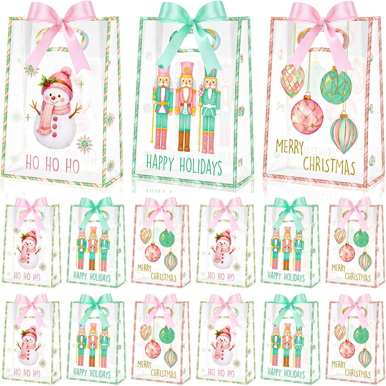 Aliceset 12 Pcs Pink Christmas Clear Gift Bags with Die Cut Handles Nutcracker Christmas Gift Bags with Ribbon 3 Assorted Pastel Styles for Holiday New Year Party Presents Giving Wrapping, 10x7x3.15''