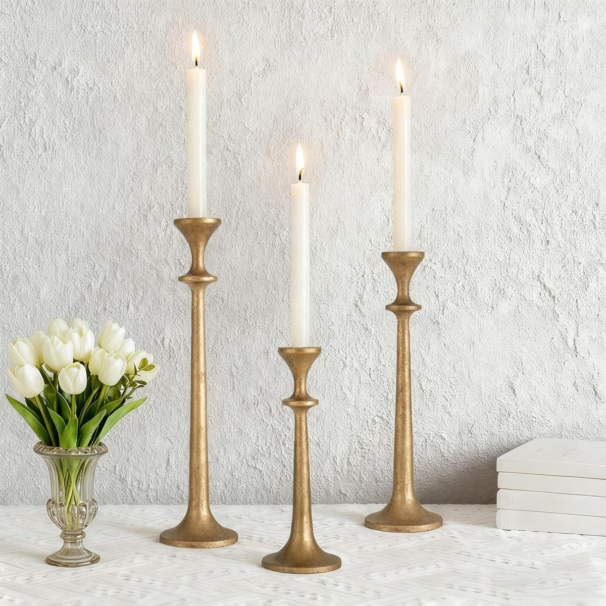 Gold Taper Candle Holders Set of 3 Heavy Cast Iron Antique Brass Candlestick ...