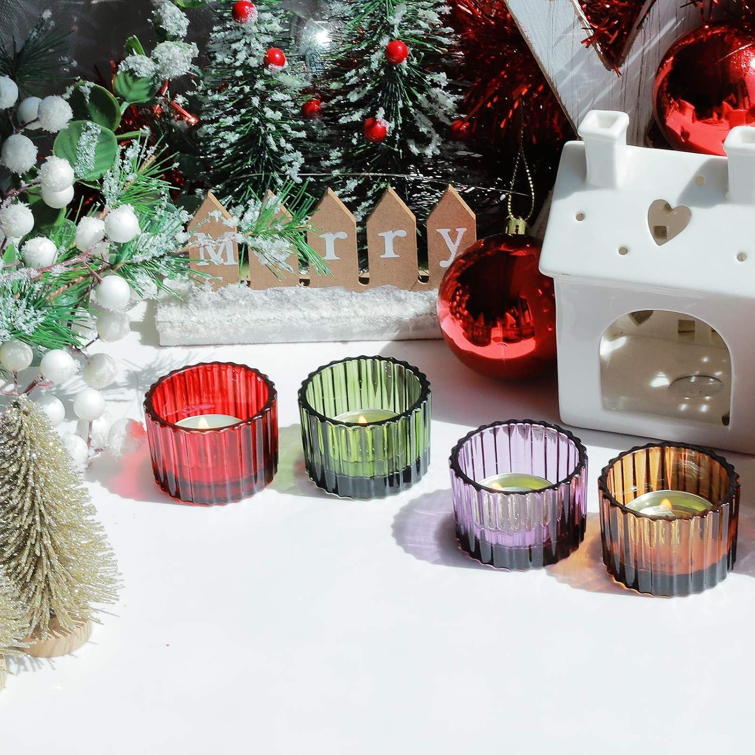 VOHO 4 Colors Tealight Candle Holder Fall Decor Set of 12, Votive Candle Holders for Table Centerpiece, Ribbed Tea Light Candle Holder Glass for Halloween/Thanksgiving/Christmas Decorations/Gifts