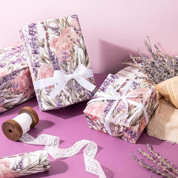 WRAPAHOLIC Kraft Floral Wrapping Paper - Mini Roll - 17 Inch x 16.5 Feet - Purple Lavender Flower Wrapping Paper for Wedding, Birthday, Bridal Shower, Tea Party, Drawer Liners, Home Closet Shelves