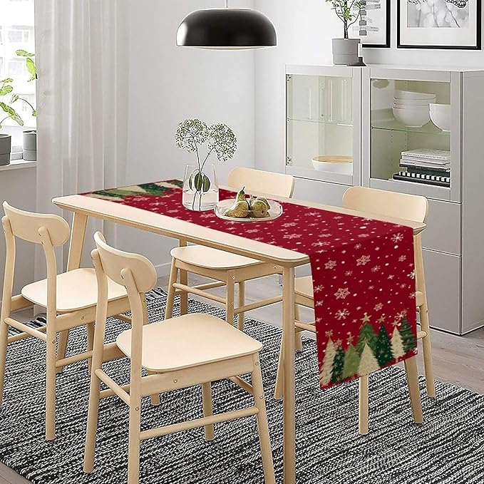Merry Christmas Table Runner,Red Christmas Tree Snowflake Winter Seasonal Table Cloth Kitchen Dining Table Decoration for Home Party Decor 13x60 Inch