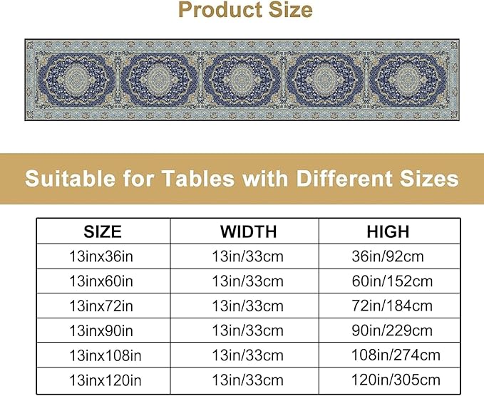 Boho Bohemia Style Blue Teal Table Runner, Country Rustic Farmhouse Magical Abstract Print Pattern for Home Kitchen Table Decor Dining Coffee Room Garden Party Decor 13x60in