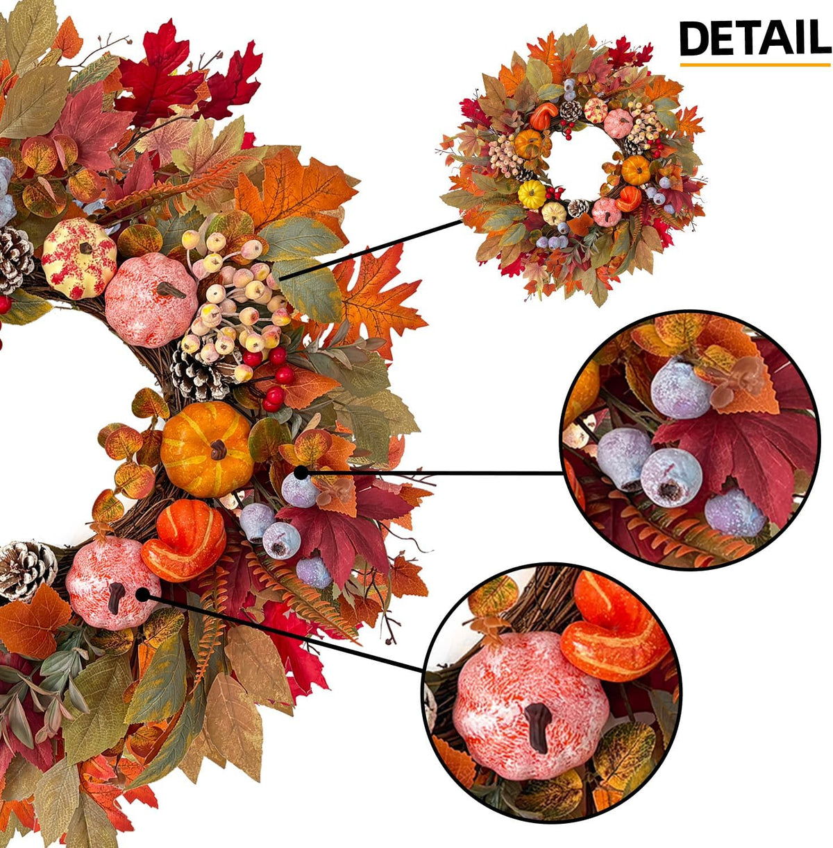 HipTree 24In Fall Wreath Pumpkin Maple Berry Front Door Thanksgiving Decor