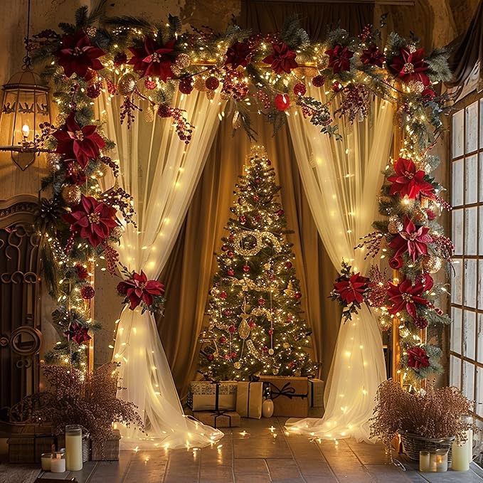 Fomcet Tulle Backdrop Curtains Ivory 30FT X 8FT Tulle Curtains with Lights String Sheer Curtain Backdrop for Parties Wedding Baby Shower Photo Shoot Decorations (6 Panels 5 x 8FT)