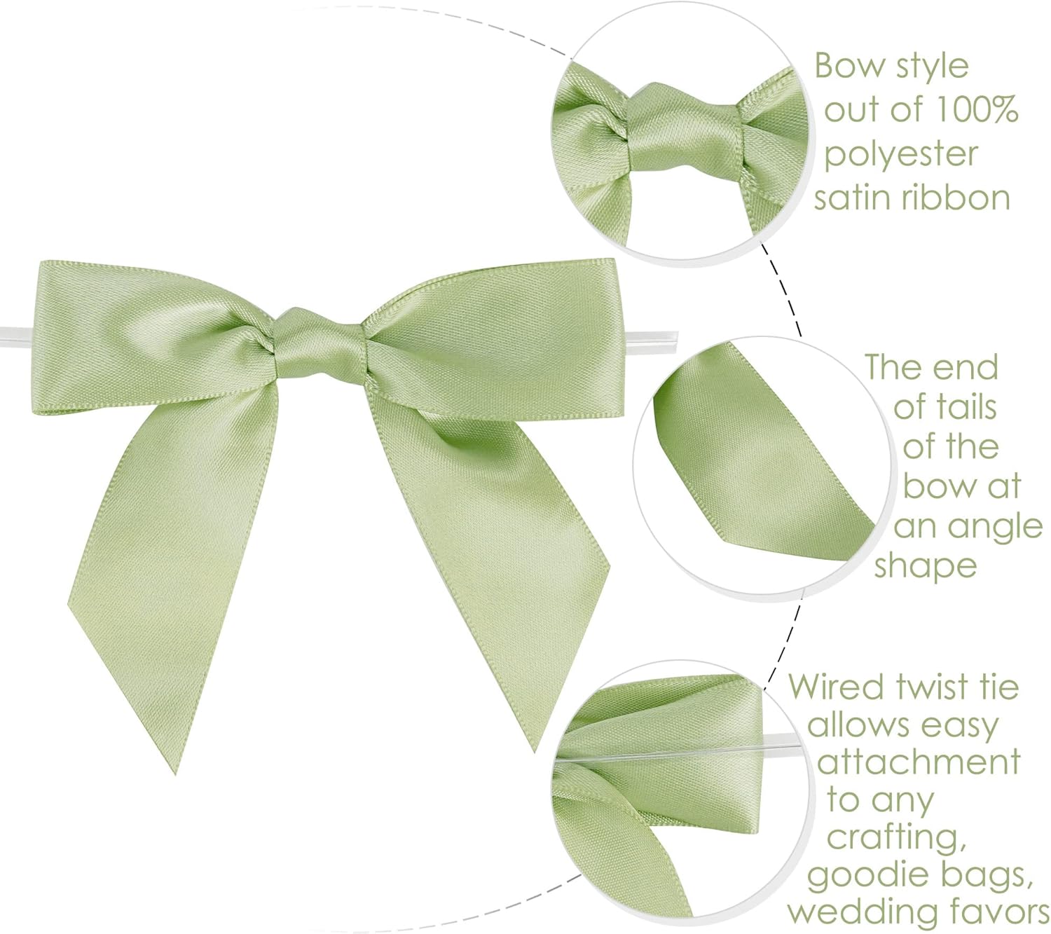 AIMUDI Sage Green Satin Ribbon Twist Tie Bows 3.5" Pretied Bows Premade Bows for Treat Bags Crafts Gift Wrapping Basket Wedding Favors Cookie Candy Bagging Cake Pop Bridal Shower - 50 Counts