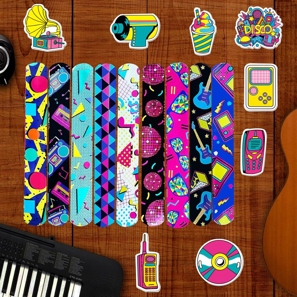 CZWXOXO 74Pcs 80s Theme Party Favors Contain 24 Pcs 80s Theme Slap Bracelets 50Pcs Stickers, Retro Birthday Party Decorations,Classroom Rewards Supplies.