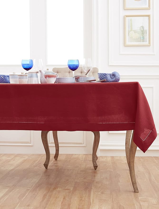 Solino Home Red Linen Tablecloth 60 x 132 Inch - 100% Pure Linen Hemstitch Table Cloth for Rectangle Tables - Classic Hemstitch, Machine Washable Tablecloth for Christmas