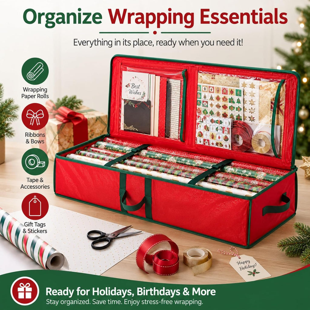Gift Wrapping Paper Organizer Storage Bag, Wrapping Paper Storage Container Fits Up to 24 Rolls, Waterproof Holiday Gift Wrap Holder with Interior Pockets for Bows, Ribbons & Tags(104×36×16cm) (Red)