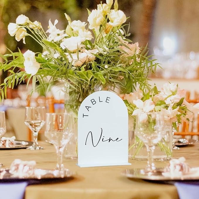 JINMURY White Arch Wedding Table Numbers 1-20 with Stands, 5x7 Inch Acrylic Arch Sign with Black Lettering, White Acrylic Table Numbers for Wedding Reception