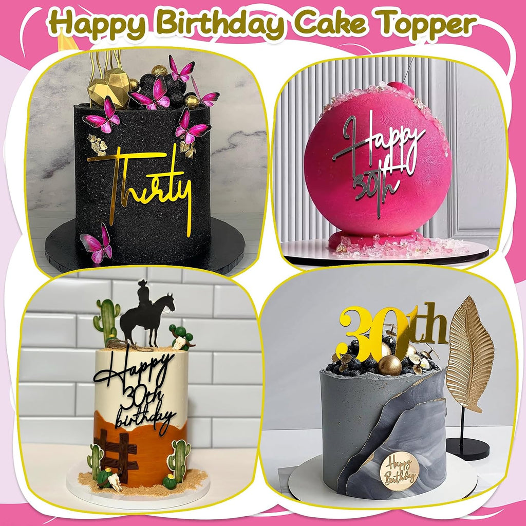 24 PCS 30th Birthday Cake Topper 8 Styles in Gold Black Silver Acrylic Thirty Cake Topper for Birthday Party Decorations