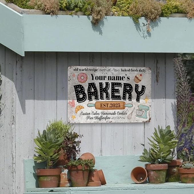 Custom Bakery Metal Sign Personalized Baked Goods Bakers Signs Decor Fresh Bread Daily Rustic Pies Cakes Decor Homemade Plaque Tin Wall Art Gifts