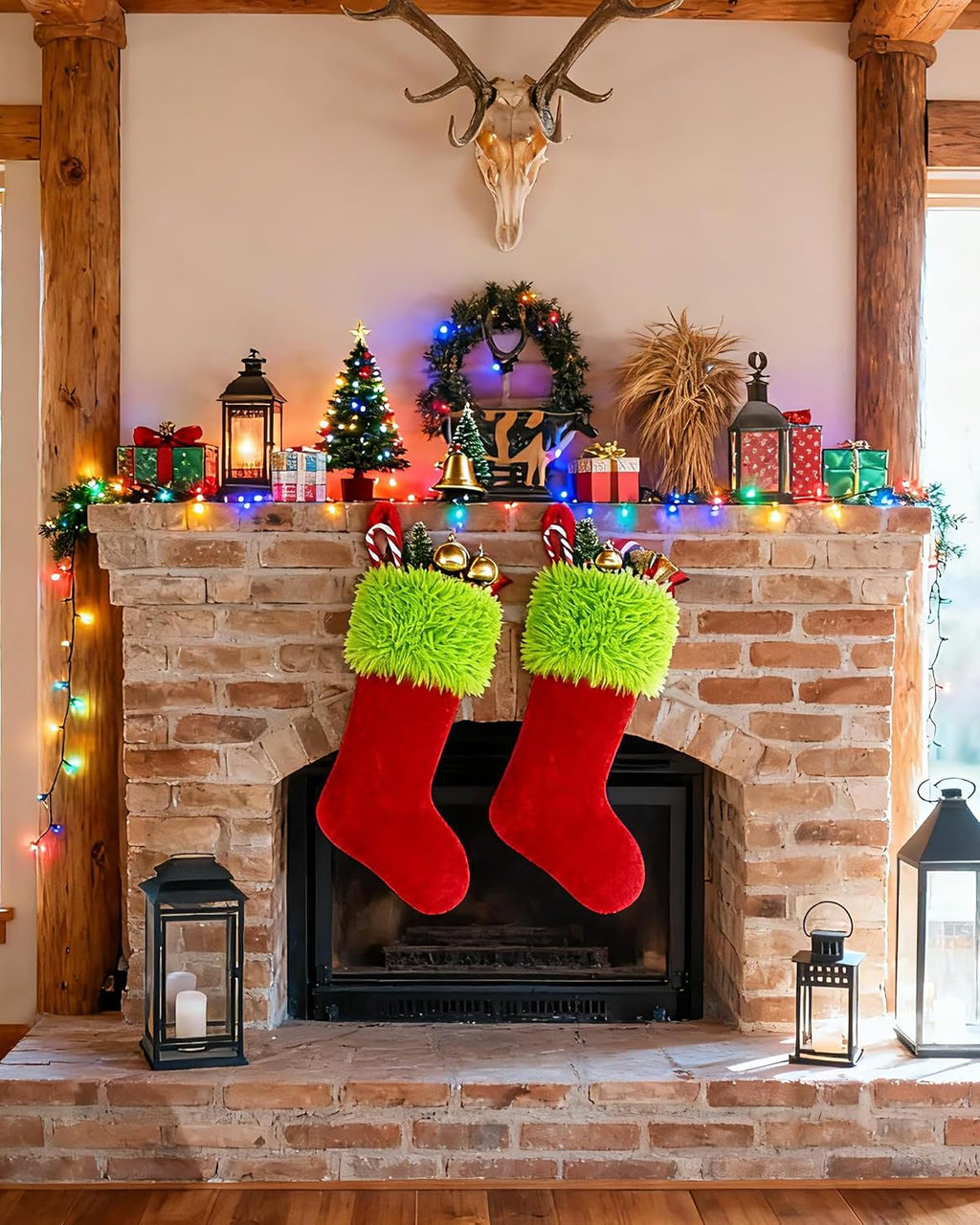 2PCS Christmas Stockings with Names Tag, 20 Inch Green Faux Fur Velvet Personalized Xmas Stockings, Hanging Ornament Large Gift Bags for Fireplace Window Door Tree Christmas Decorations(Red)