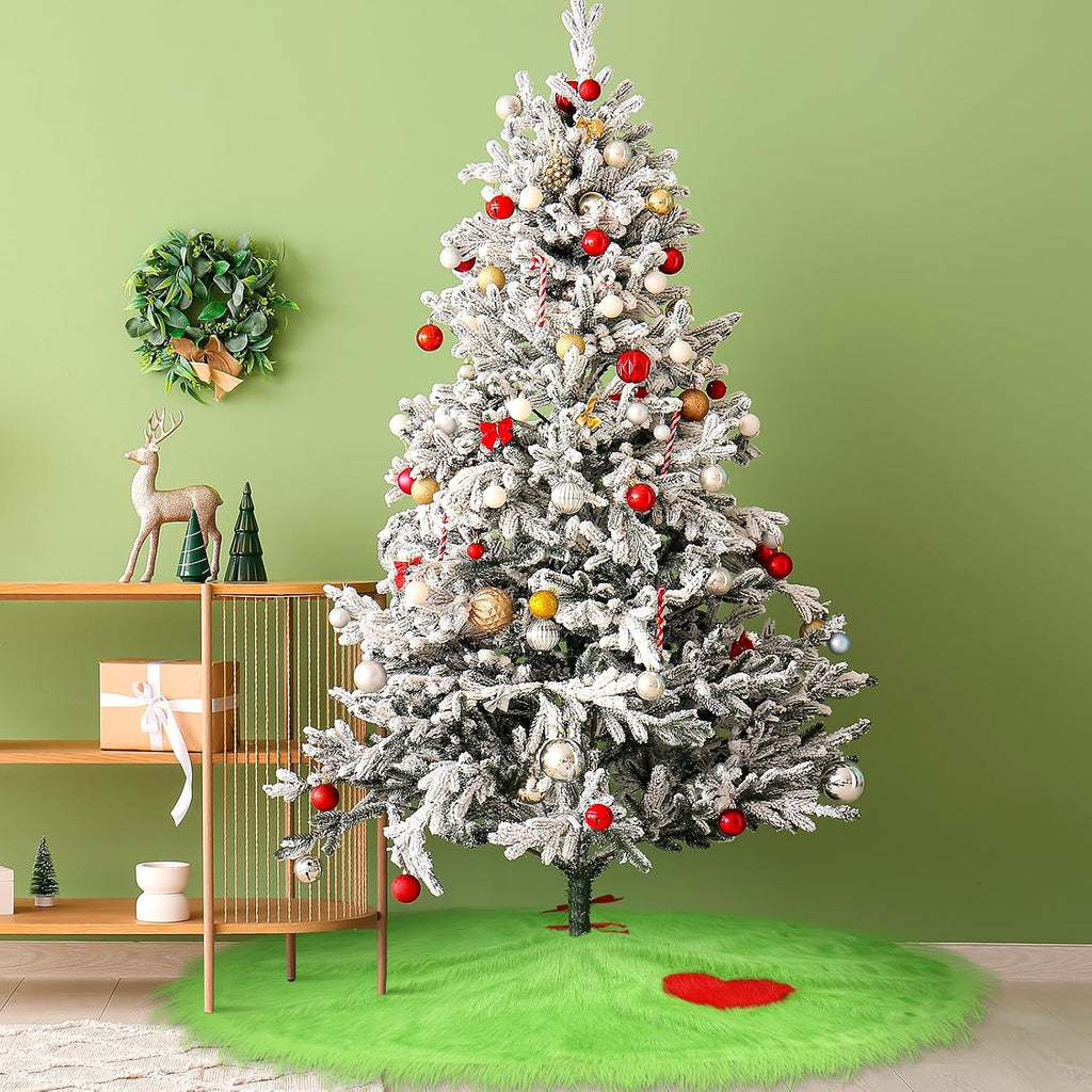48 Inch Christmas Tree Skirt Lime Green Mat Faux Fur Large Xmas Tree Skirts Christmas Decoration Mat Round Plush Carpet for Holiday Party Decorations Ornament