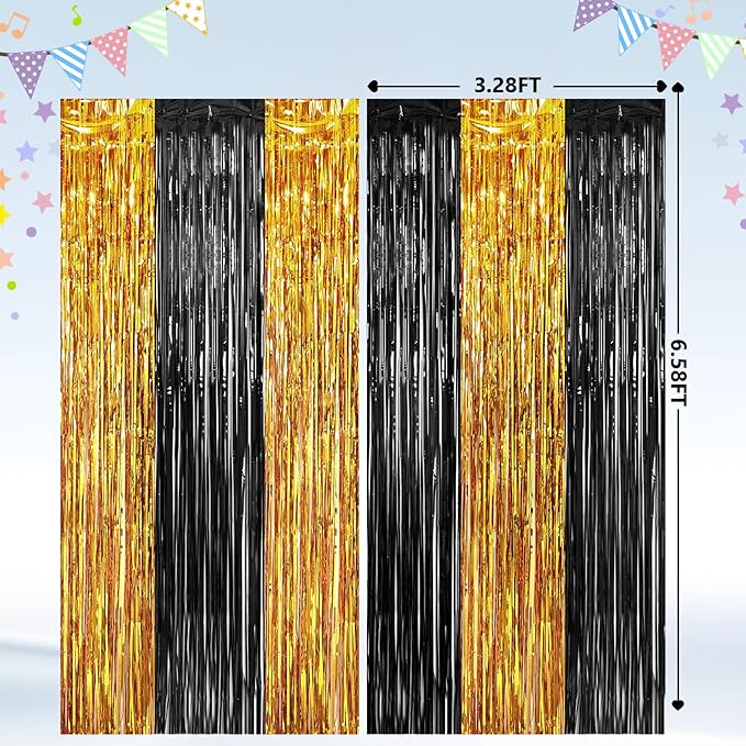 2Pack Black Gold Metallic Tinsel Foil Fringe Curtains, Door Streamers Photo Booth Backdrop for Birthday Party, Tinsel Curtain Backdrop for Wedding Baby Shower Bachelorette Christmas Party Decorations