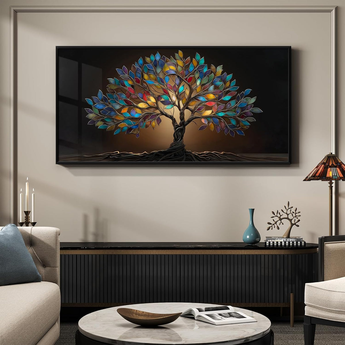 large framed modern tree of life wall art, side view