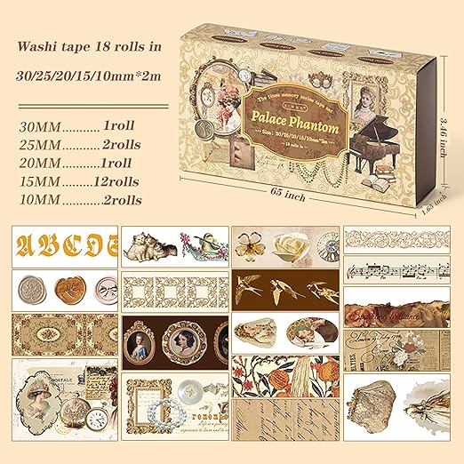 18 Rolls Vintage Victorian Washi Tape Set Journal Tape for Crafts and Journaling DIY Scrapbooking Supplies washi Tape for Scrapbooking Decorative Tape