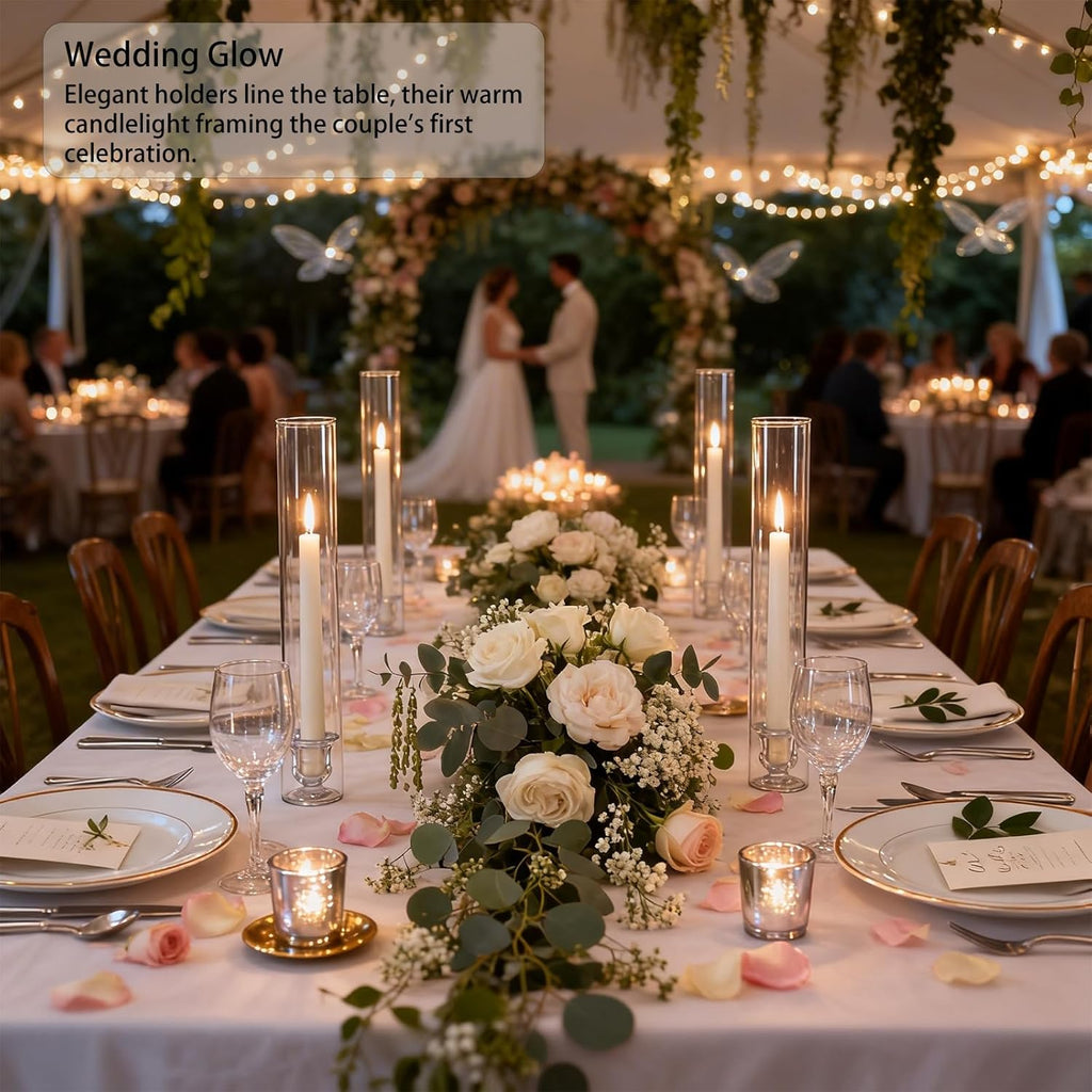 Glass Hurricane Candle Holders – 12 Clear Cylinder Covers & 12 Taper Candlestick Holders, 2.6" D x 13.8" H Windproof Candle Holders for Wedding, Patio Table, Outdoor Christmas Party Décor (12)