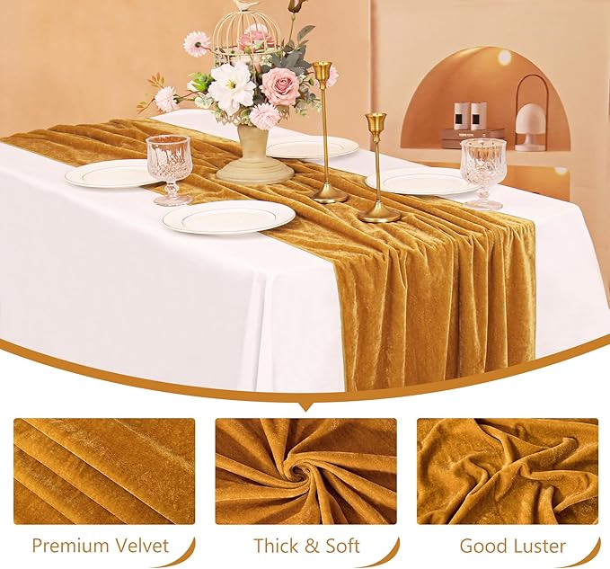 Velvet Table Runner 20 x 120 Inches 10ft Luxurious Thick Soft Velvet Christmas Thanksgiving Wedding Reception Table Runner for Party Reception Decorations(Gold, 6 Pack)