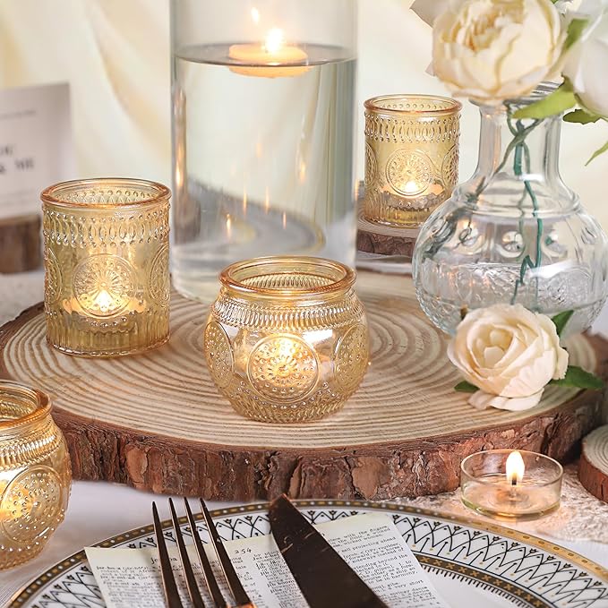 DARJEN 12Pcs Gold Votive Candle Holders - Glass Candle Holder for Table Centerpiece, Tea Lights Candle Holders for Home, Party & Wedding Shower Decoration