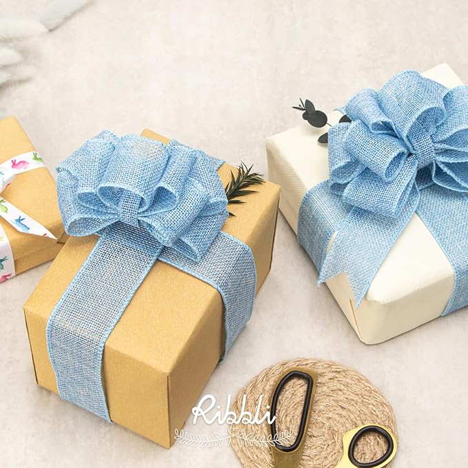 Ribbli Baby Blue Burlap Wired Ribbon, 1-1/2” Inch x Continuous 20 Yard, Wired Edge Ribbon for Wreaths,Big Bows,Tree Decoration,Outdoor Decoration
