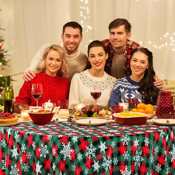 Jectivs 6Pcs Christmas Buffalo Plaid Snowflake Party Tablecloths Decorations,Plastic Red and Green Checkered Round Table Cover for Winter Christmas New Year Birthday Holiday Party Decorations,84 inch