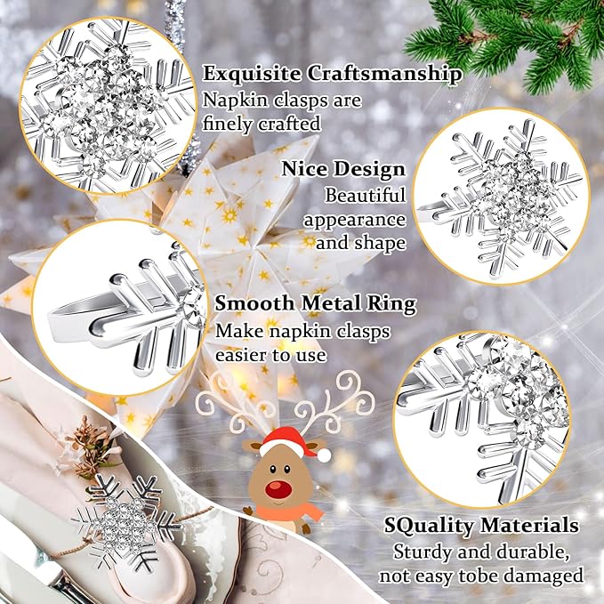 Halatool Christmas Napkin Rings Set of 12, Silver Snowflake with White Rhinestone Napkin Holder for Christmas Thanksgiving Winter Holiday Place Setting, Weddings, Party Table Decoration
