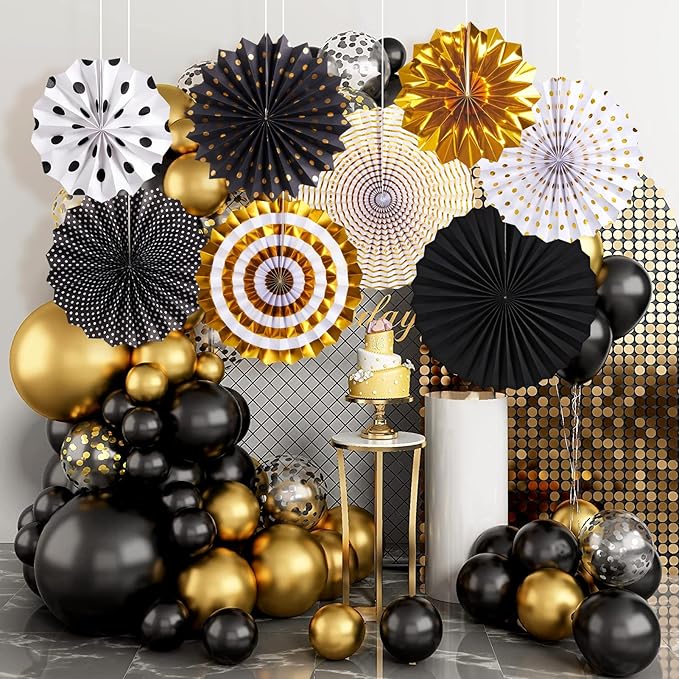 SUNBEAUTY Gold Black Paper Fans Backdrop for Tea Party Weddding Spring Birthday Classroom Baby Shower Halloween Decoration Hanging Home Party - 8Pcs