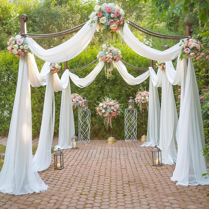 Wedding Arch Draping Fabric White Arch Drapes 4Panels Sheer Backdrop Curtain for Ceremony Wedding Arches Decor 19Ft Length x 28" Width
