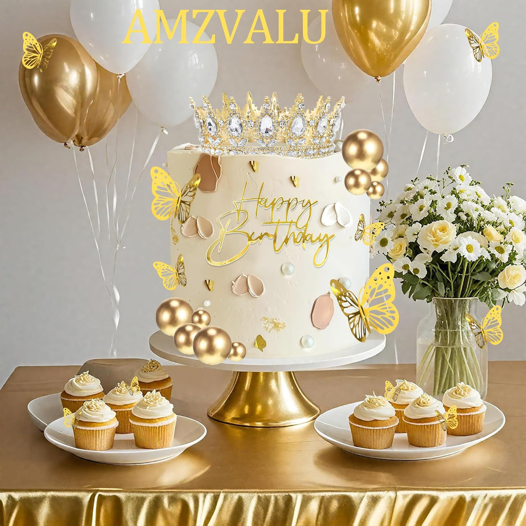 Crown Happy Birthday Cake Topper Candles Butterfly Balls Decoration | Corona Para Pastel, Cake Decorations for Women Princess Queen Wedding Pageant Graduation Prom Costume Party (Gold, White)