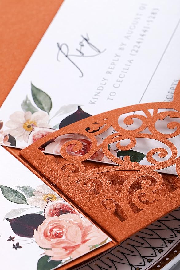 PONATIA 20 PCS Laser Cut Invitations Pockets, Terracotta Wedding Invitations with Envelopes for Wedding Party Bridal Shower Engagement Birthday Invite,Autumn Wedding Invitations