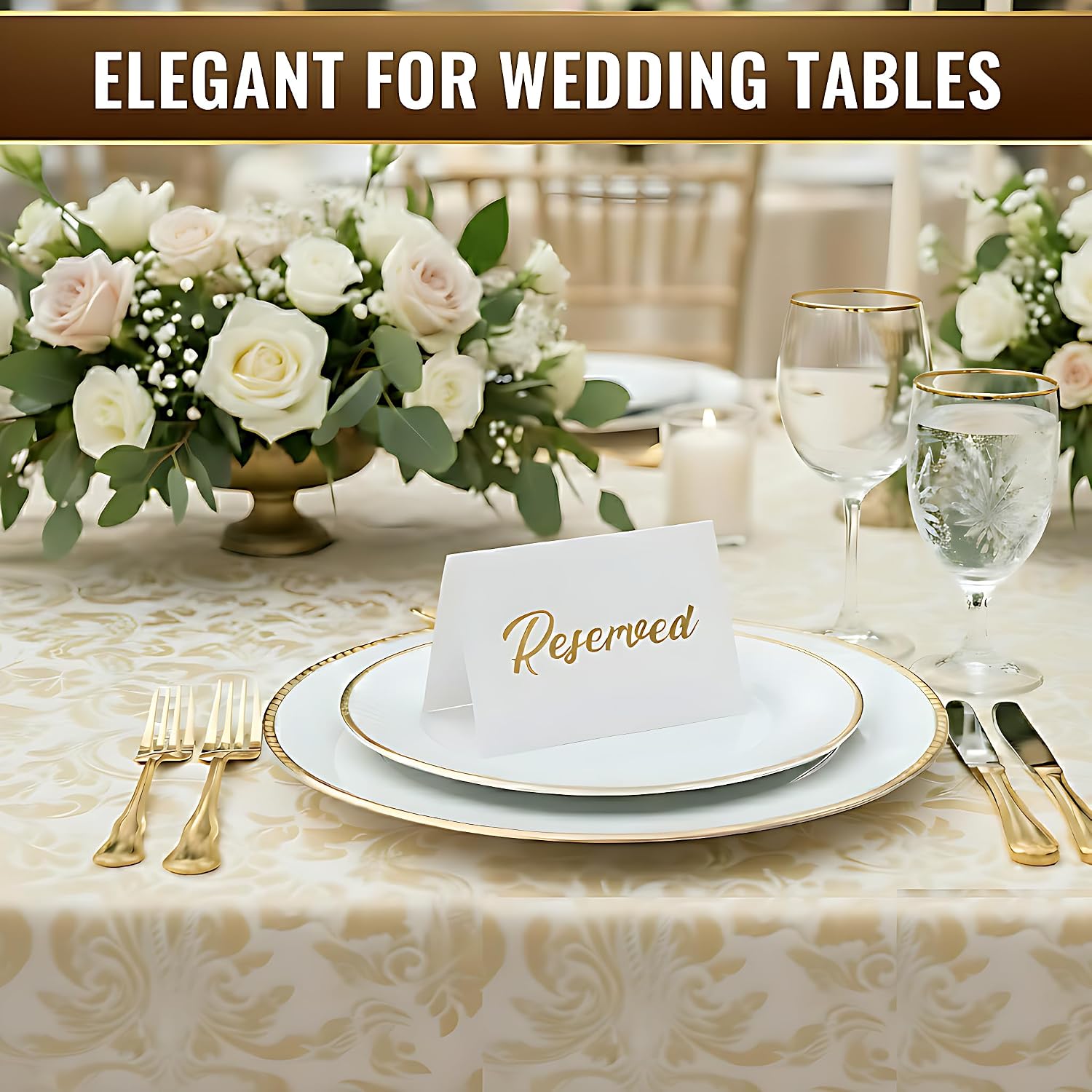 10 Pack Gold Reserved Table Signs for Wedding Receptions 3x4 inch - Double Sided Reserved Signs for Tables - Freestanding Reserved Cards for Tables - Table Reserved Sign for Restaurants & Parties