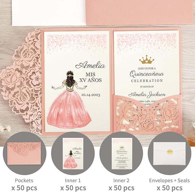 DORIS HOME 50pcs Laser Cut Quinceanera Invitations Pink, 4.7x7.1 Personalized Quince Invitations for 15th Birthday, Invitation cards for Sweet 16 with Envelopes