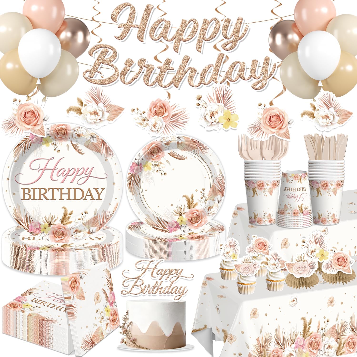 Boho Birthday Decorations,Neutral Floral Party,Serves 25 Guests | Neutral Floral Party Supplies,Banner,Balloons,Plates,Tableware for Boho Floral Champagne Cream Beige Party