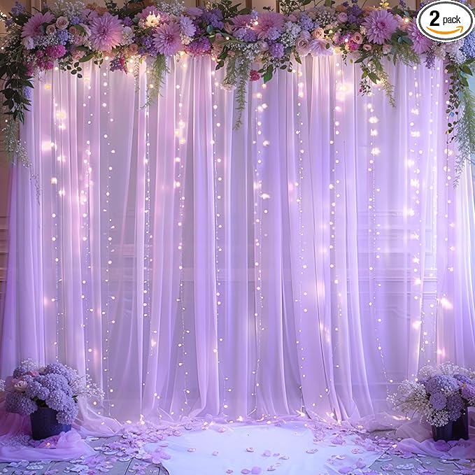 10x10ft Lavender Chiffon Backdrop Curtain with Lights for Wedding Baby Shower, Light Purple Curtain Backdrop with Lights for Birthday Party Gender Reveal Photo Shoot (5 x 10ft,2 Panels)