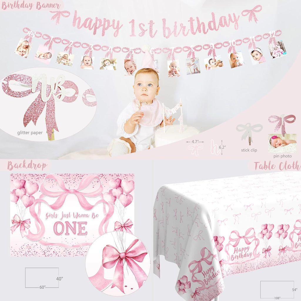 pink bow 1st birthday decorations, first birthday party, package contents