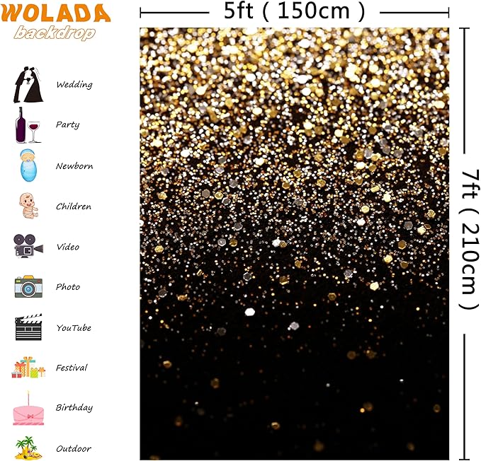 WOLADA Black and Gold Backdrop Golden Glitter Backdrop for Photography Wedding Birthday Baby Shower Party Photo Studio 5x7FT 11412