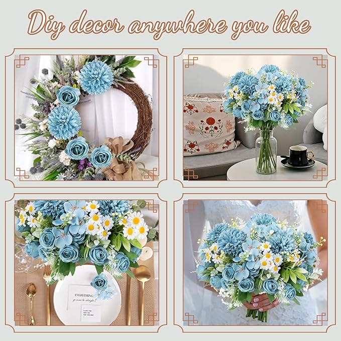 12 Bundles Artificial Flowers Blue Fake Rose Flower Mixed Chrysanthemum Hydrangea Flower Arrangements for DIY Wedding Table Centerpieces Party Baby Shower Home Decorations