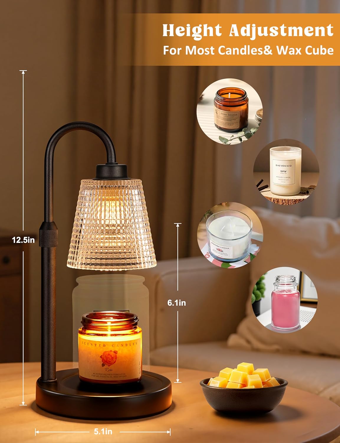 Innqoo Candle Warmer Lamp with Timer, Dimmable Candle Warmer for Jar Candles, Height Adjustable Wax Melts Warmer, Birthday Gifts for Women Mom, House Warming Gifts New Home Decor